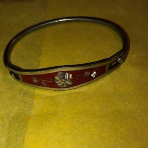 1- Sterling Silver tone Bracelet with red and a flower in the middle